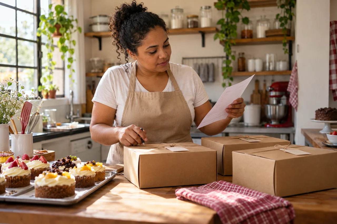 Imagem ilustrativa gerada por IA: empreendedora confere pedidos ao lado de caixas de bolo em sua cozinha.